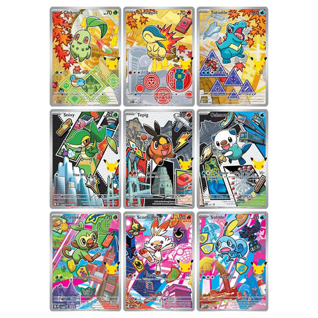 Alle 9 Illustration-Rare-Promo-Starter der First Partner Collection Series 2: Chikorita, Cyndaquil, Totodile, Snivy, Tepig, Oshawott, Grookey, Scorbunny, Sobble